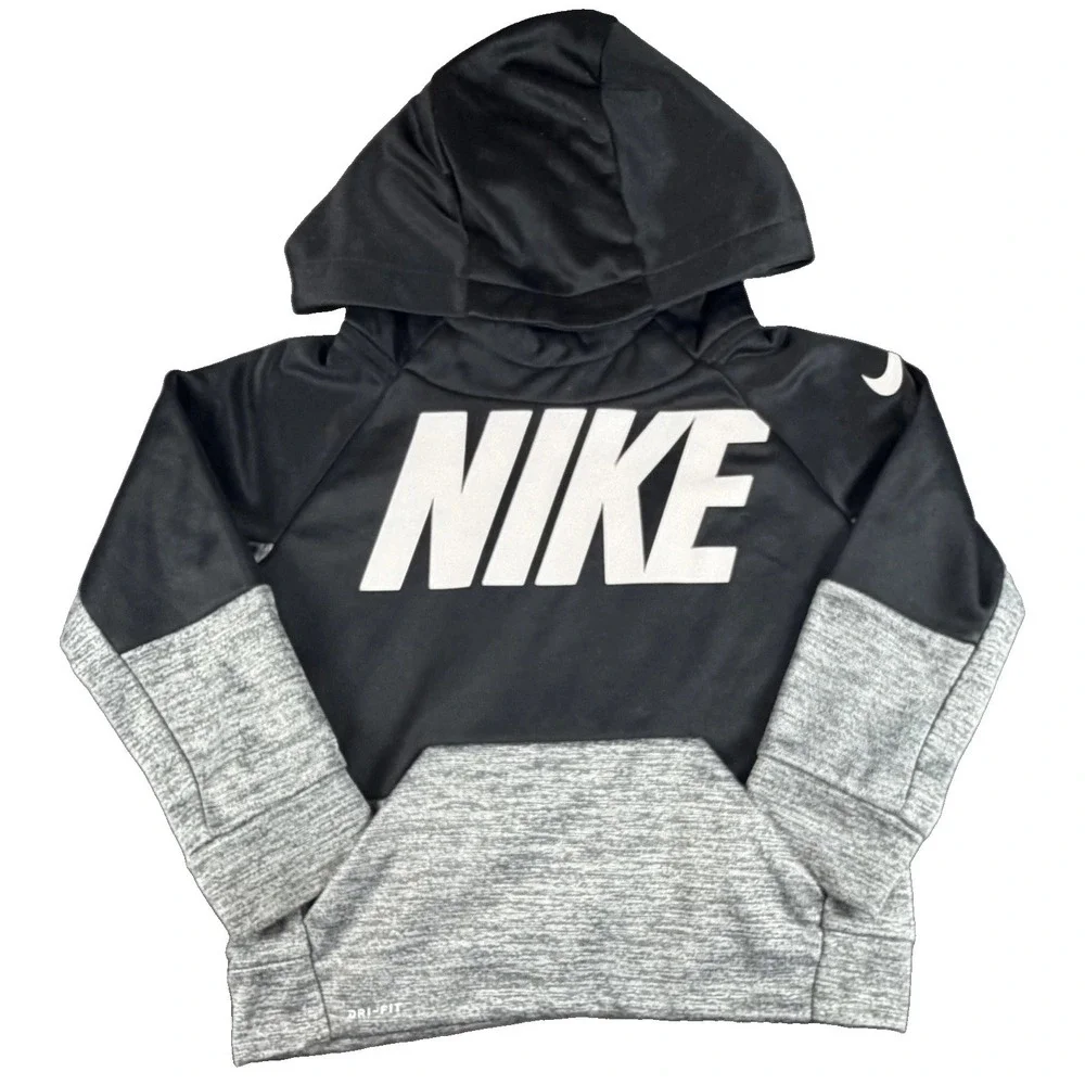 Nike Hoodie Toddler 3T Black Gray Dri-Fit Logo Pullover Colorblock Sweatshirt